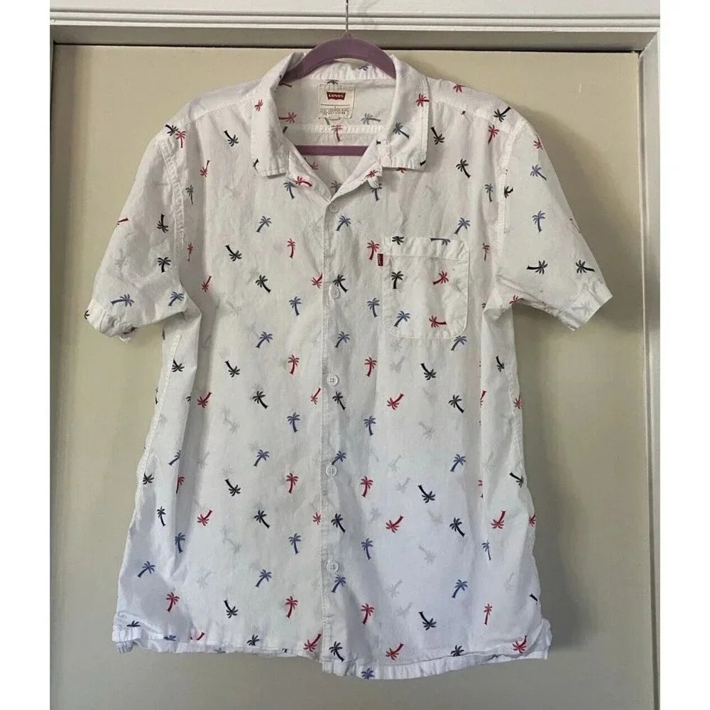 Men's Levi's White Red & Blue Palm Print White Cotton Front Button Shirt L